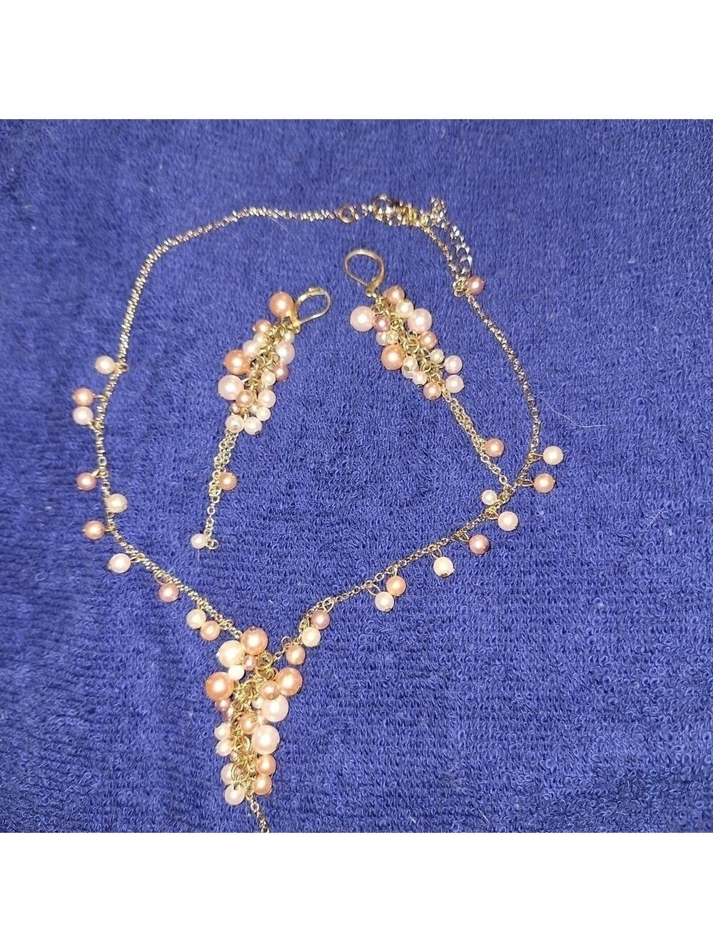 Gold Tone Faux Pearl Necklace Earrings Set